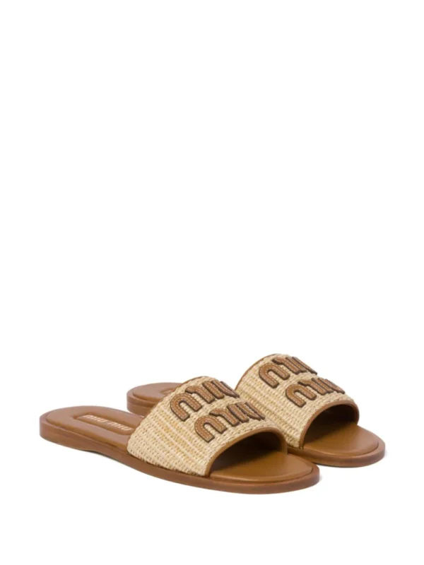 Miu Miu Logo Patch Raffia Slide