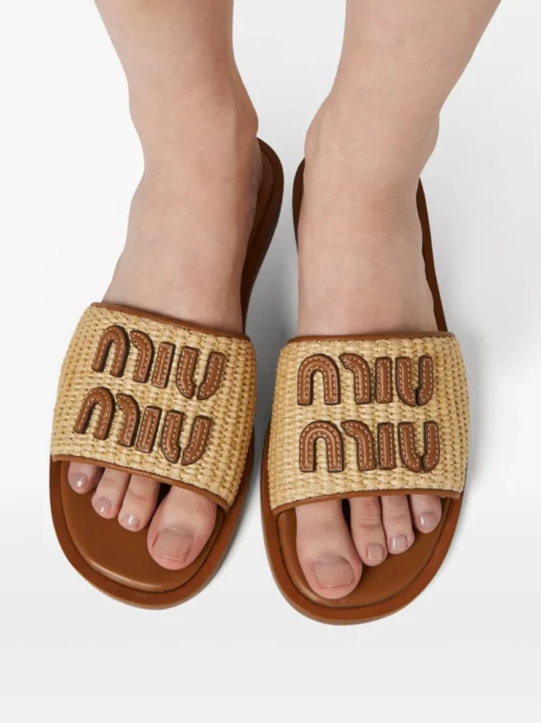 Miu Miu Logo Patch Raffia Slides