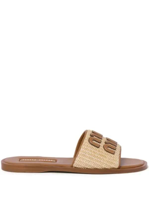 Miu Miu Logo Patch Raffia Slides side